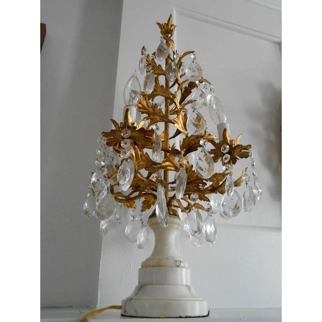 1940s 1940's Italian Hollywood Regency Crystal, Gilt Tole, Marble Topiary Form Girandoles/ Table Lamps - a Pair For Sale - Image 5 of 11