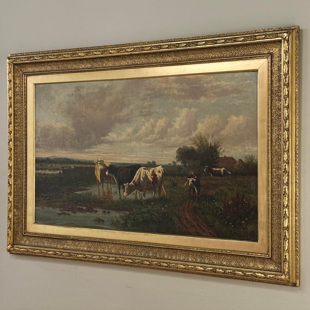 Antique Oil Painting on Canvas by Henri Dupont (1890-1961) 'Grazing Cattle' For Sale - Image 4 of 18