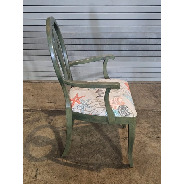 Early 21st Century Ethan Allen Open Arm Chair Green Painted Wood Ocean Print Fabric Fish & Starfish For Sale - Image 5 of 8