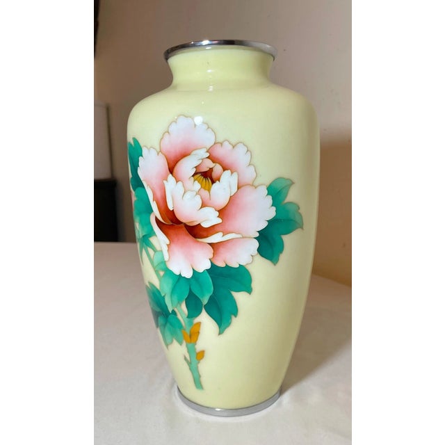 Vintage Signed Japanese Handmade Yellow Enamel Silver Floral Cloisonné Vase Urn For Sale - Image 4 of 12