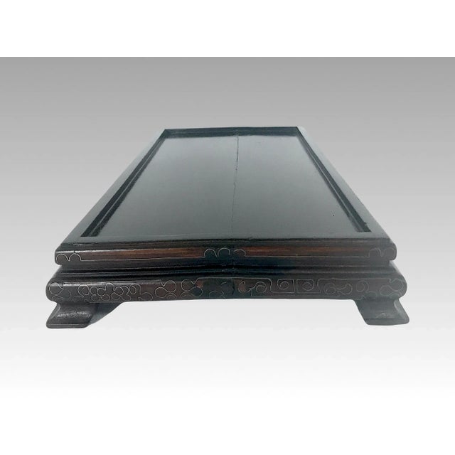 Large Antique Oriental Rectangular Wood Display Stand Inlaid With Silver Wire 15.5" X 9" For Sale - Image 4 of 11