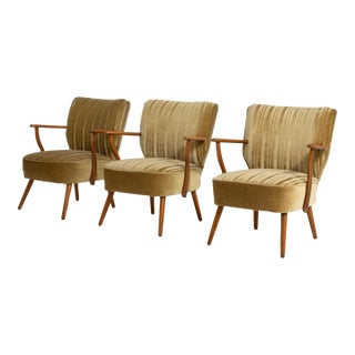 Set of Three Mid-Century Modern Upholstered Armchairs Gold Bronze For Sale