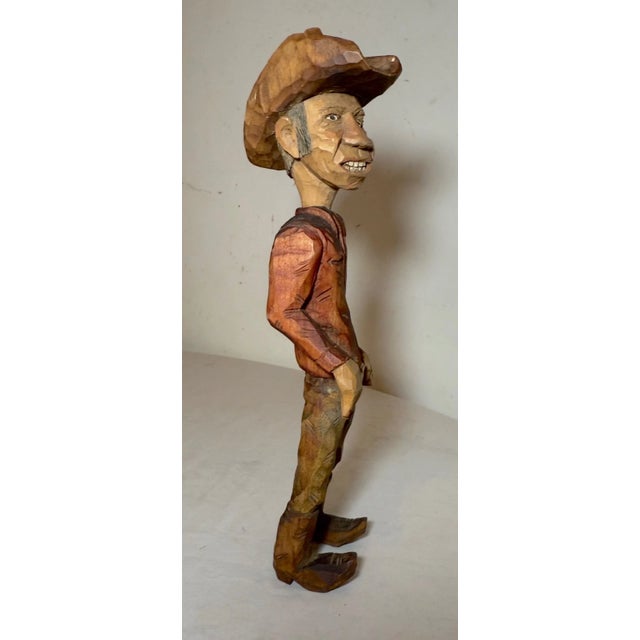 1980s Exquisite Signed Hand Carved Wood Folk Art Man Cowboy Sculpture Statue Figure For Sale - Image 4 of 13