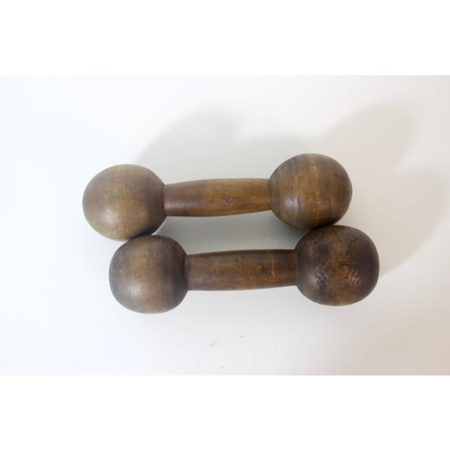 Vintage Wood Hand Weights or Dumbbells Set of Two Sports Equipment Memorabilia Dumb Bells For Sale - Image 12 of 12