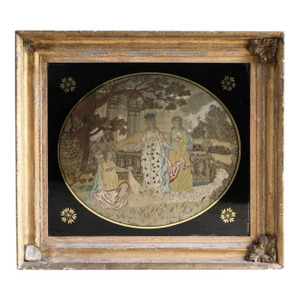 Antique Georgian Silkwork Embroidery, Moses in the Bullrushes, Verre Eglomise Glass, 18th Century
