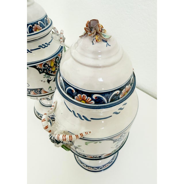Pair of Mid-Century French Hand Painted Faience Urns With Ram Head Handles For Sale In Sacramento - Image 6 of 18