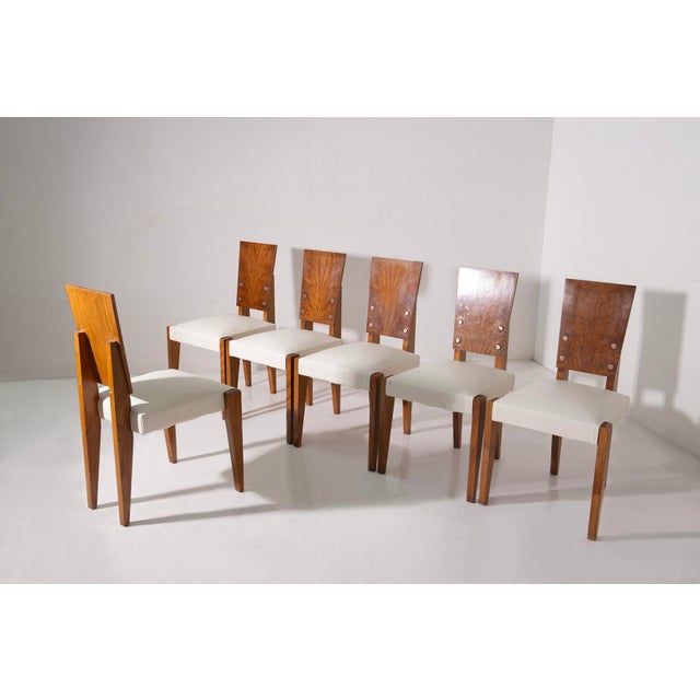 Wood French Chairs with White Leather Seats from Andre Sornay, 1940s, Set of 6 For Sale - Image 7 of 14