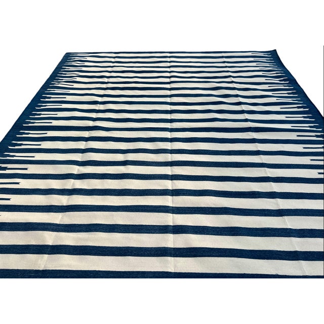 Textile Handwoven Cotton Area Flat Weave Rug Vegetable Dyed Indigo Blue and White Striped Dhurrie - 9'x12' For Sale - Image 7 of 10