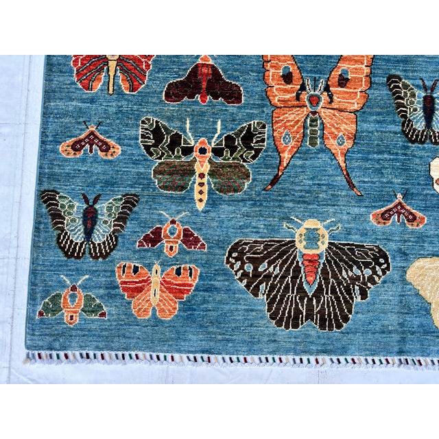 Denim Blue Butterfly Moth Pictorial Hand-Knotted Wool Rug - 4'11" X 6'6" For Sale - Image 4 of 10