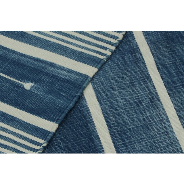 Textile Rug & Kilim's Contemporary Dhurrie Rug in Blue and Off-White Stripes - 14x20 For Sale - Image 7 of 8