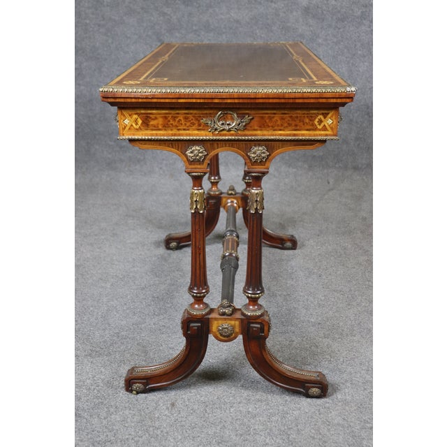 Napoleonic Style Burled Walnut Bronze Mounted French Inlaid Flip Top Game Table For Sale - Image 4 of 12