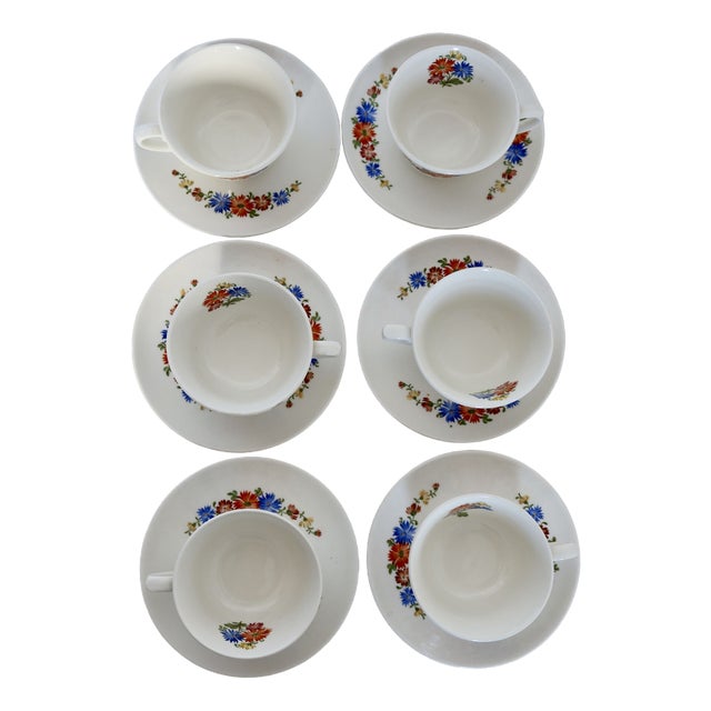 Earthenware Tea Cups and Saucers with Polychrome Floral Patterns from Royal Sphinx, Maastricht, Belgium, Set of 6 For Sale