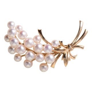 Vintage 14k Gold Mikimoto Akoya Pearl Floral Bouquet Brooch For Sale