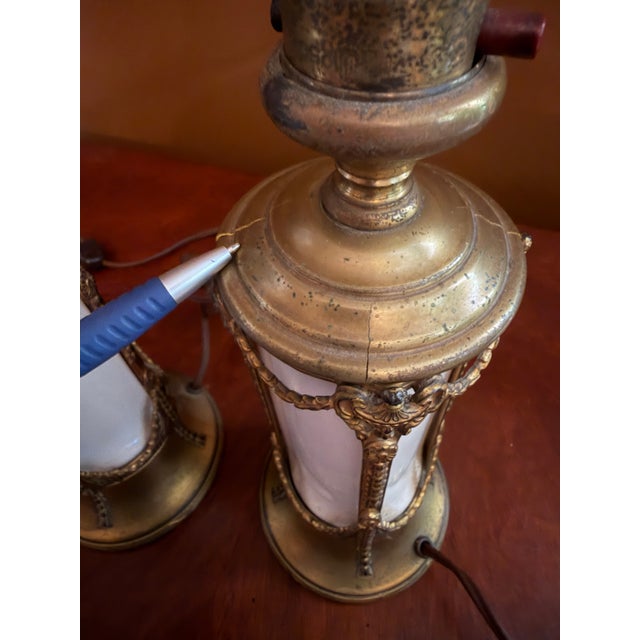 Pair of Vintage French Empire Brass & Milk Glass Table Lamps 12" X 4.5" Ca. 1950 For Sale - Image 14 of 18