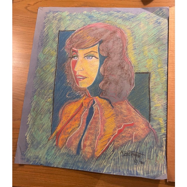 Mid-Century Modern Pair of 1990 M. Bierman Pastel Portraits on Paper | Signed Female Studies, Mid-Century Modern Style For Sale - Image 3 of 10