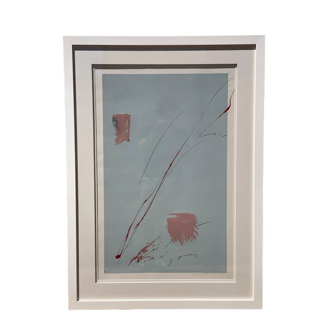 This is a framed vintage minimalist abstract artwork. The artwork has been painted on paper using a mixed media of...