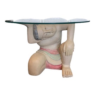Vintage Balinese Kneeling Figure Sculptural Coffee Table With Round Glass Top | Hollywood Regency Exotic Figural Art Table For Sale