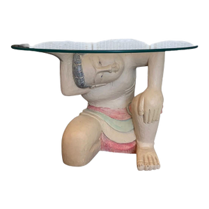 Vintage Balinese Kneeling Figure Sculptural Coffee Table With Round Glass Top | Hollywood Regency Exotic Figural Art Table