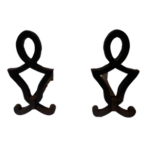 Modernist Cast Iron and Wrought Iron Andirons by Raymond Subes - a Pair