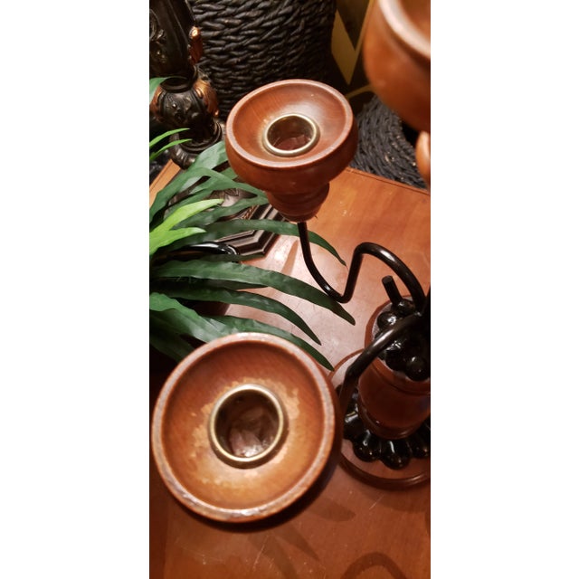 Mid-Century Modern 1960s Vintage Wood and Iron 5 Arm Candelabra For Sale - Image 3 of 10