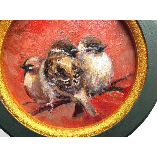 Wood Original Sparrow Oil Painting Framed, Miniature Bird Art by Valeriya Serova For Sale - Image 7 of 11