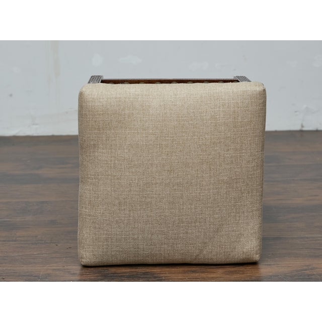 Moroccan Antique Moroccan Hand-Carved Stool with Custom Linen Upholstery, Circa 1900 For Sale - Image 3 of 12