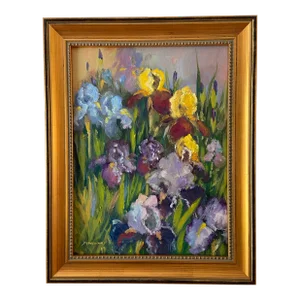 Original Plein Air Iris Garden Impressionist Marina Movshina Painting, Framed