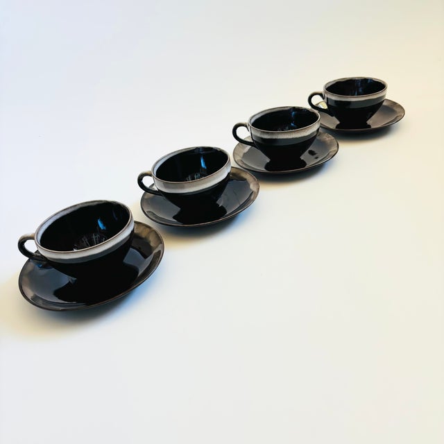 Mid 20th Century Mid 20th Century Mid Century Modern Brown Drip Glaze Mugs and Saucers - Set of 4 For Sale - Image 5 of 11