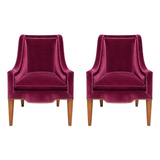 Custom Velvet High-Back Armchairs With Greek Key Nailhead Trim — Pair For Sale