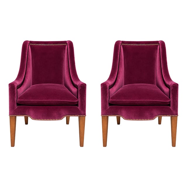 Custom Velvet High-Back Armchairs With Greek Key Nailhead Trim — Pair For Sale