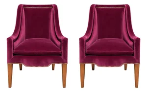 Custom Velvet High-Back Armchairs With Greek Key Nailhead Trim — Pair