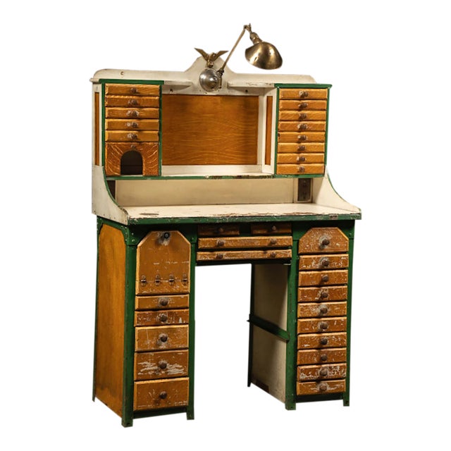 1910s–1920s Industrial Watchmaker's Workbench With Faries Brass Lamp For Sale