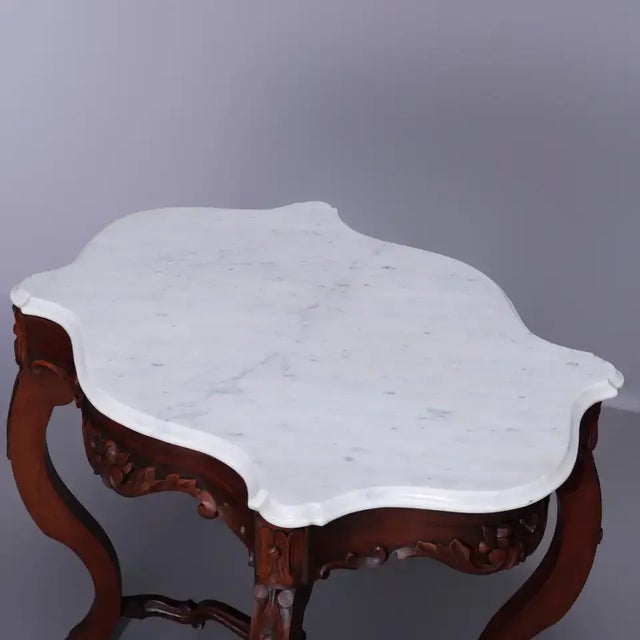 Wood Antique Rococo Carved Walnut & Marble Turtle Top Parlor Table Circa 1880 For Sale - Image 7 of 13