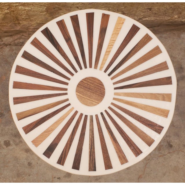 Contemporary Traditional Moroccan Resin and Walnut Wood Stool / Beige Bell Shape For Sale - Image 4 of 6