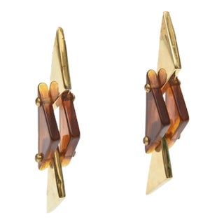 Vintage Tortoise Lucite and Brass Plated Dangle Sculptural Earrings - 2 Pieces For Sale
