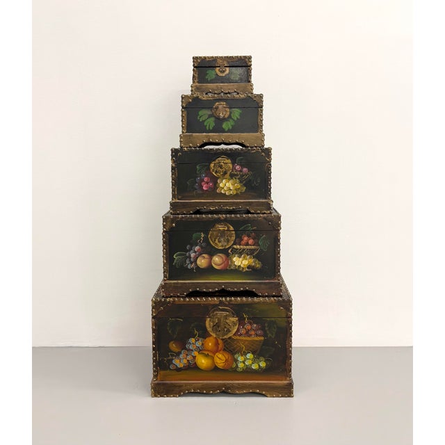Vintage Hand-Painted Nesting Still Life Storage Boxes – Set of Five For Sale - Image 4 of 12