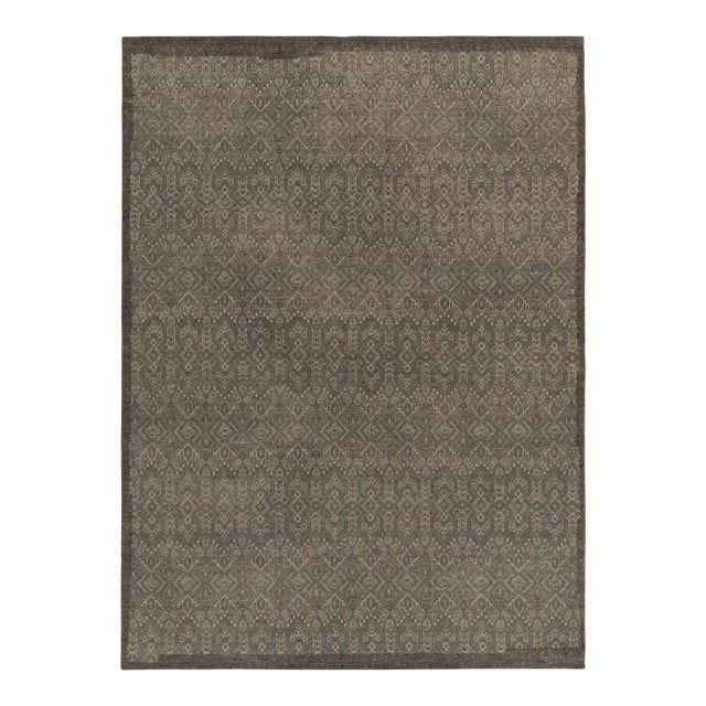 Rug & Kilim’s Distressed Style Rug in Beige-Brown, Aegean Blue Geometric Patterns For Sale