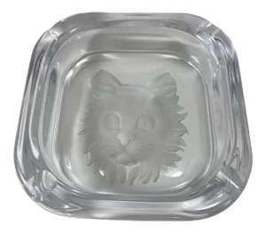 1970s Cristal De Sevres Partially Frosted Lead Crystal Cat Ashtray, Unmarked