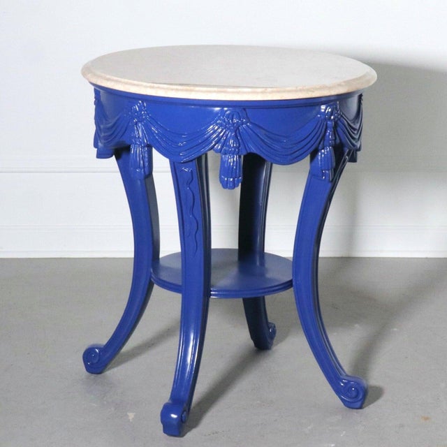 1990s Draped and Tasseled Yves Klien Blue Travertine Top Table For Sale In Tampa - Image 6 of 6