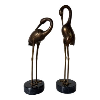Pair of Life-Size Vintage Brass Crane Sculptures on Black Marble Bases For Sale