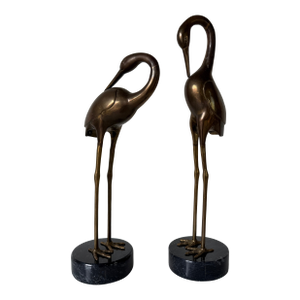 Pair of Life-Size Vintage Brass Crane Sculptures on Black Marble Bases