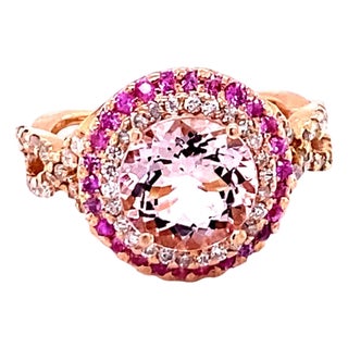 3.30 Carat Morganite Diamond 14 Karat Rose Gold Cocktail Ring, Size 7 For Sale