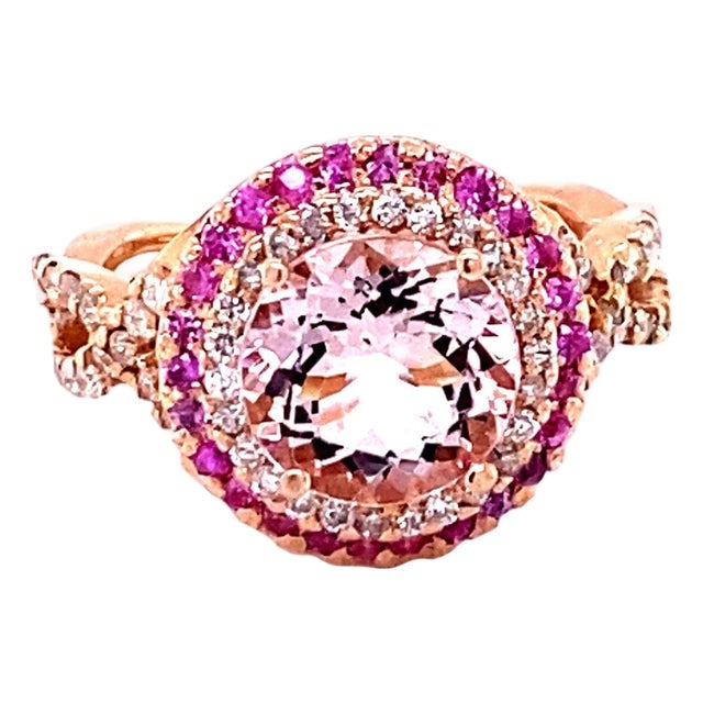 3.30 Carat Morganite Diamond 14 Karat Rose Gold Cocktail Ring, Size 7 For Sale