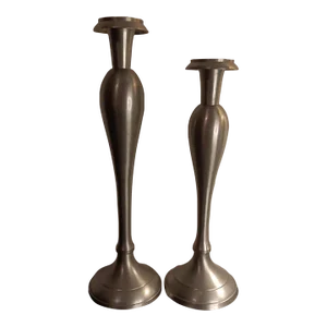 1980s Pair of Bombay Brushed Pewter Candlestick Holders