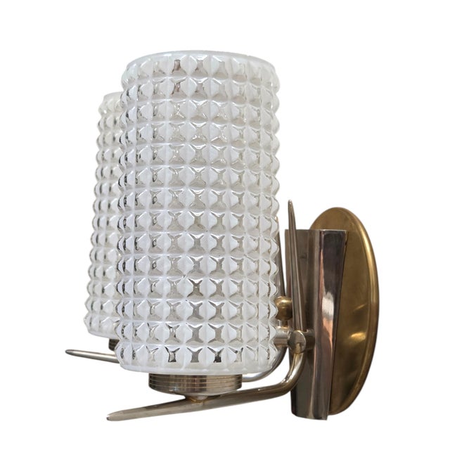 Mid 20th Century Vintage Enameled Glass, Brass & Nickel Two Light Wall Sconces - Set of Three For Sale - Image 5 of 17