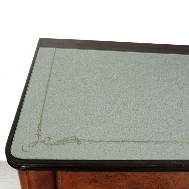 Vintage Wooden Sideboard with Decorated Glass Top and Bar Compartment For Sale - Image 4 of 18