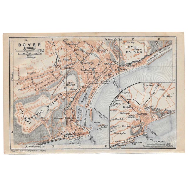 1910 map of Dover (and it's White Cliffs) United Kingdom from an antique atlas.