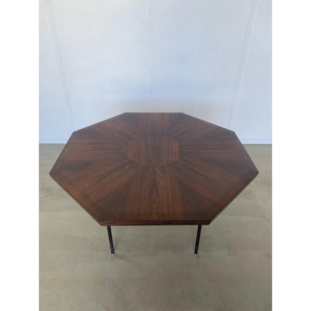 Inlaid Hexagonal Wooden Table with Tubular Metal Base, 1960s For Sale - Image 4 of 8
