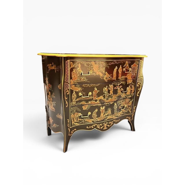 Chinoiserie Vintage Drexel Et Cetera Chinoiserie Black Lacquer Serpentine Chest of Drawers For Sale - Image 3 of 11