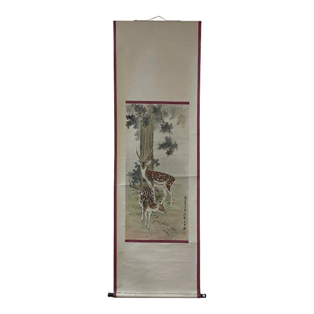 Vintage Chinese Color Ink Double Deer Scroll Painting Wall Art For Sale